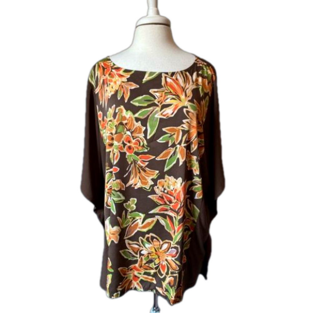 Bob Mackie Boxy Dolman Sleeve Blouse Brown and Orange